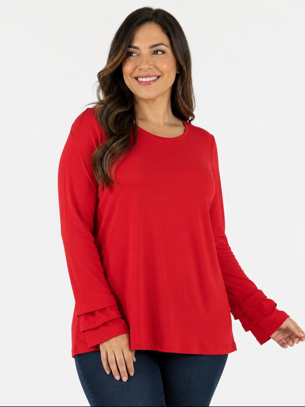 E.L.I. Red Pima Cotton Ruffle Sleeve Long Sleeve Top - Size L